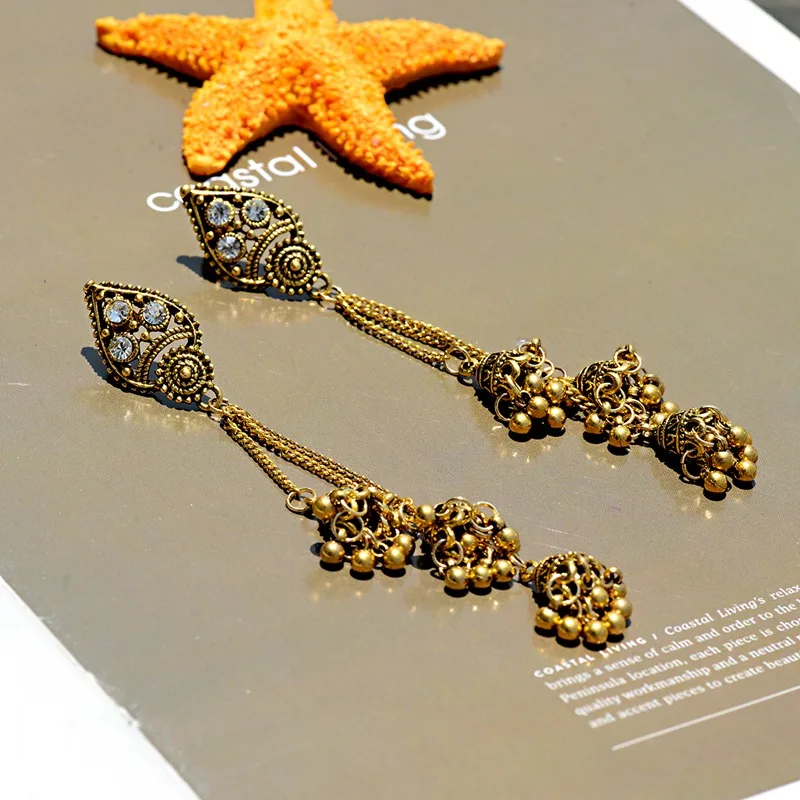 OIQUEI женские золотые металлические длинные индийские серьги Jhumka с кисточками, богемные этнические большие серьги-колокольчики, женские египетские цыганские украшения