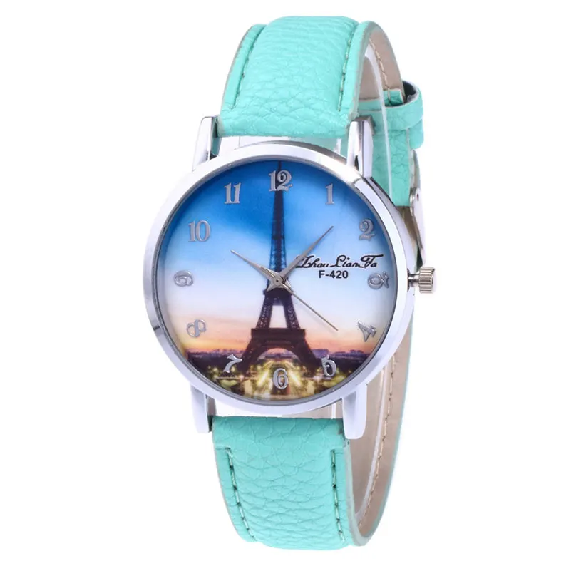 Модные женские часы с рисунком Эйфелевой башни кварцевые кожаным ремешком