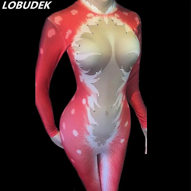 

2 Colors 3D Printing Crystals Jumpsuit Stretch Leotard Bodysuit Female Sexy Pole Dancing Costume Bar DJ Singer Show Stage Wears