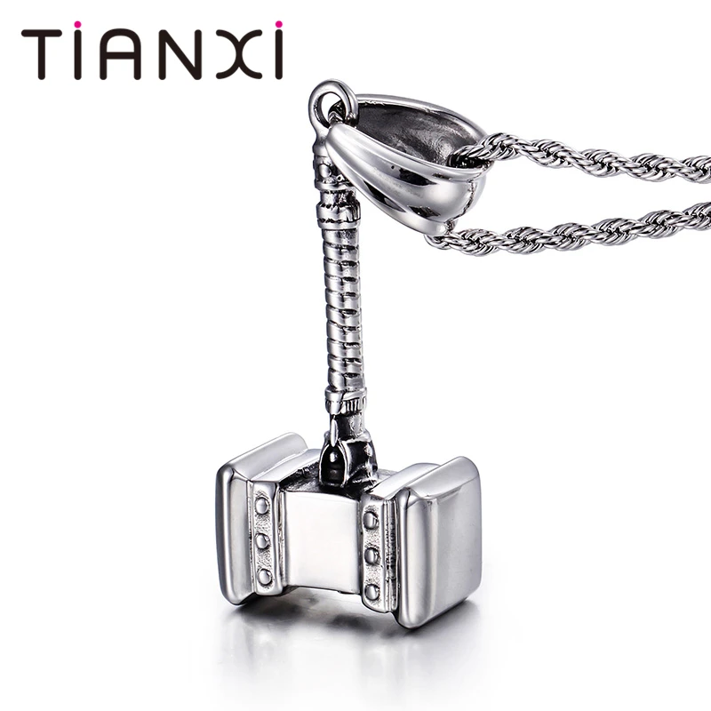 TIANXI Stainless Steel Silver Color Hammer Necklace Classic Punk Men Jewelry Charm Pendant &amp Twisted Singapore Chain Accessories |