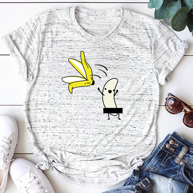 Casual Cotton Funny T-shirt Women's Nude Color Banana Cartoon Printing Short-sleeved O-neck Cute Women Summer 2019 | Женская одежда