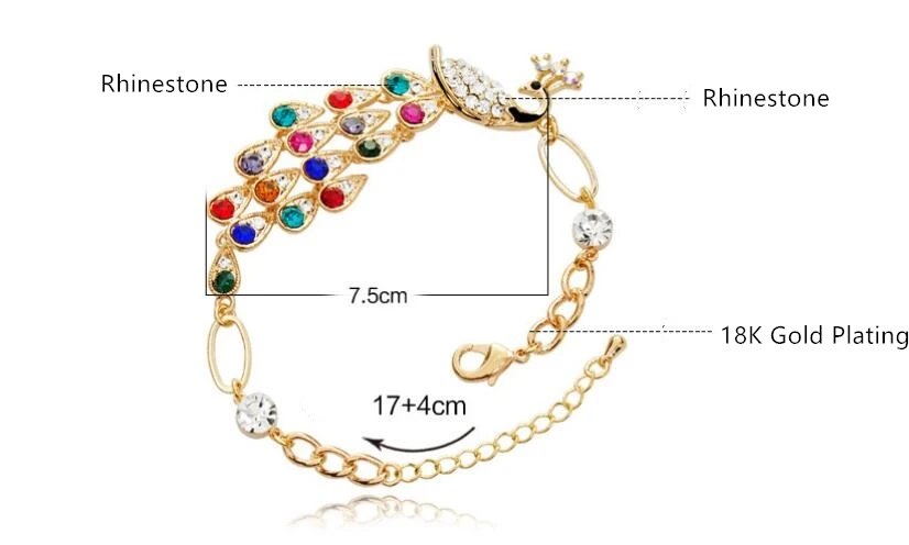 2019 Fashion Colorful Peacock Bracelet Shiny Rhinestone Phoenix For women Gold Chain Jewelry Gift pulsera | Украшения и