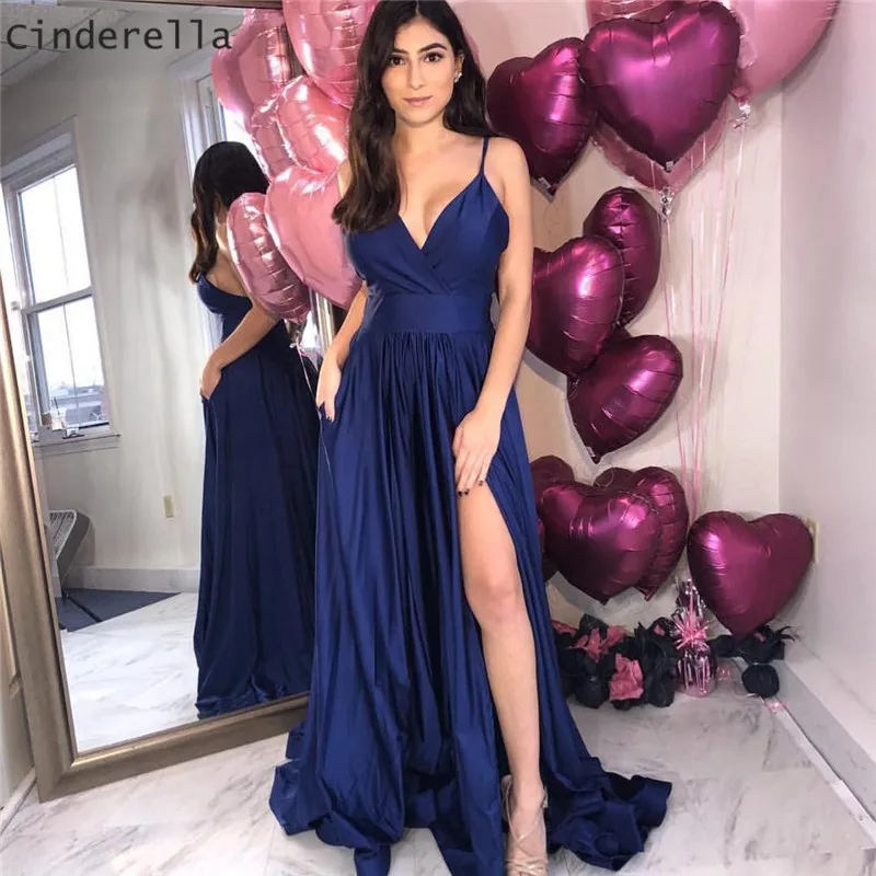 Шелковые атласные платья Золушки темно-синие а-силуэта с V-образным вырезом на
