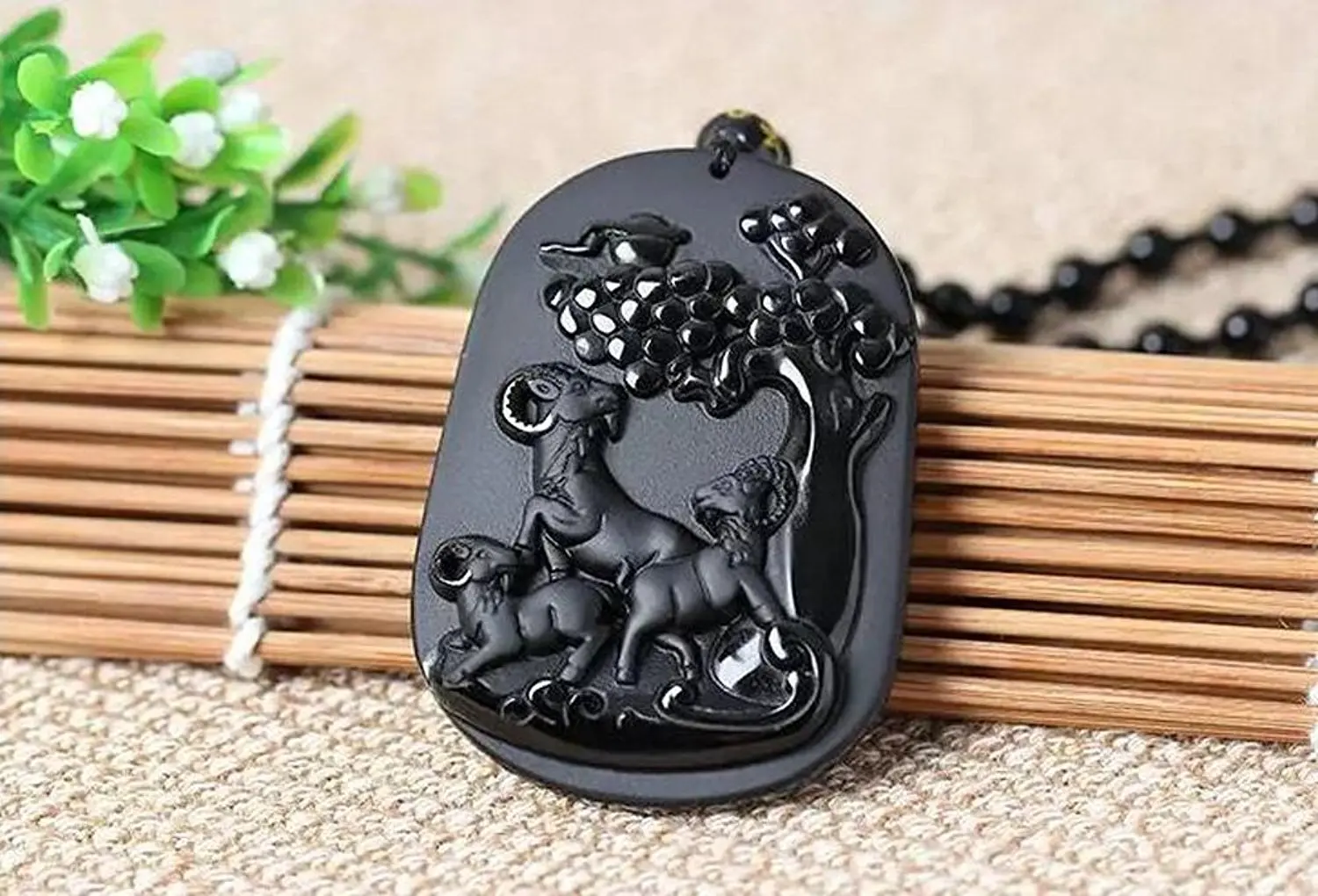 Koraba Fine Jewelry Hand Carved Natural Obsidian Eye Pendant Wishful Three Sheep Necklace Free Shipping | Украшения и аксессуары