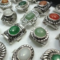 10pcs vintage jewelry retro natural stone women tibet silver plated rings lots adjustable size lr074