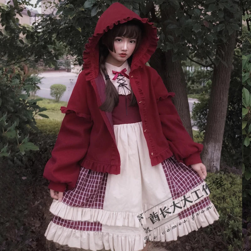 Женское плотное шерстяное пальто Lolita Красное/черное/бежевое с капюшоном в
