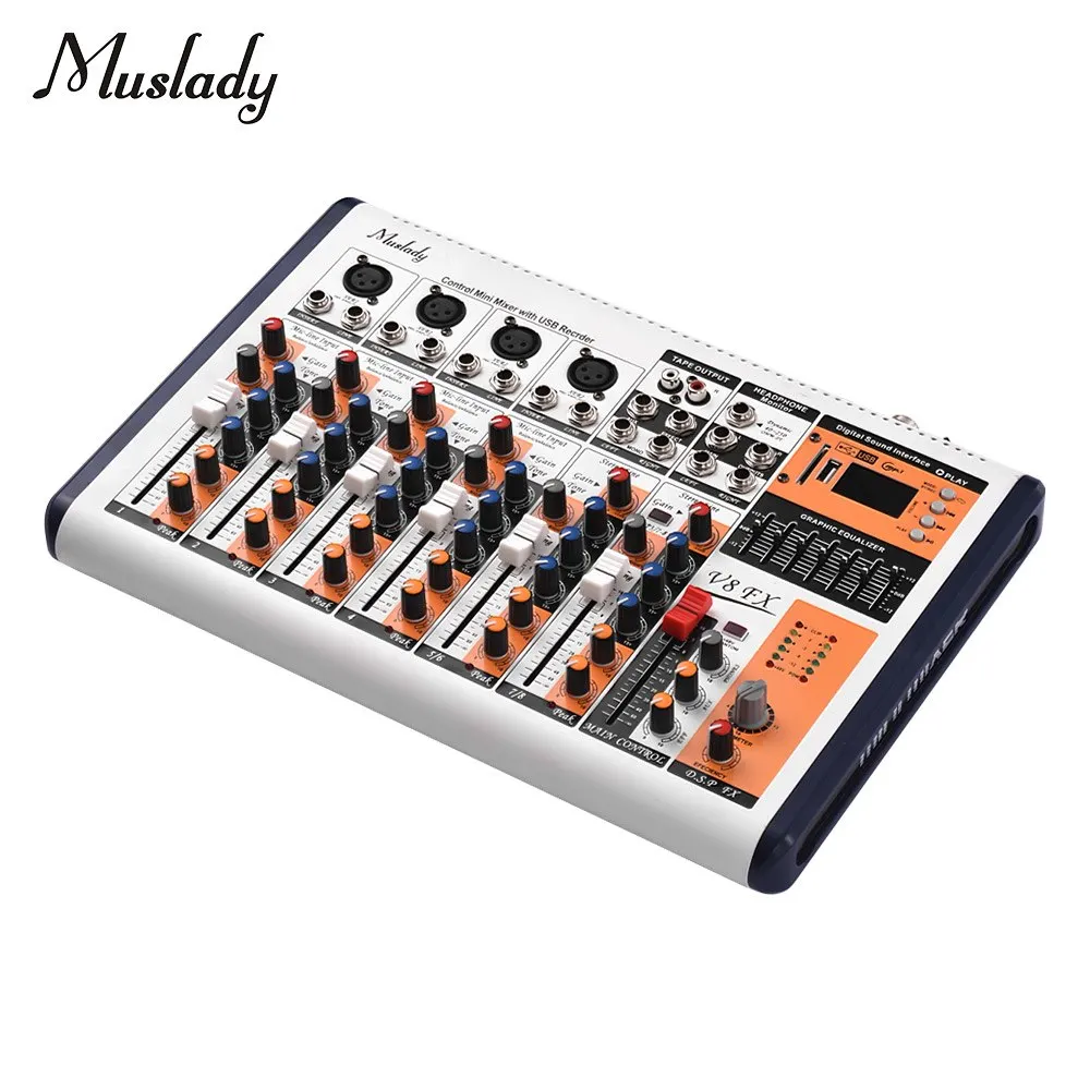 Muslady V8-FX 8-канальный Портативный смешивания консольный микшер встроенная карта памяти 16 dsp-эффекты+ 48V Phantom Мощность поддерживает подключения BT