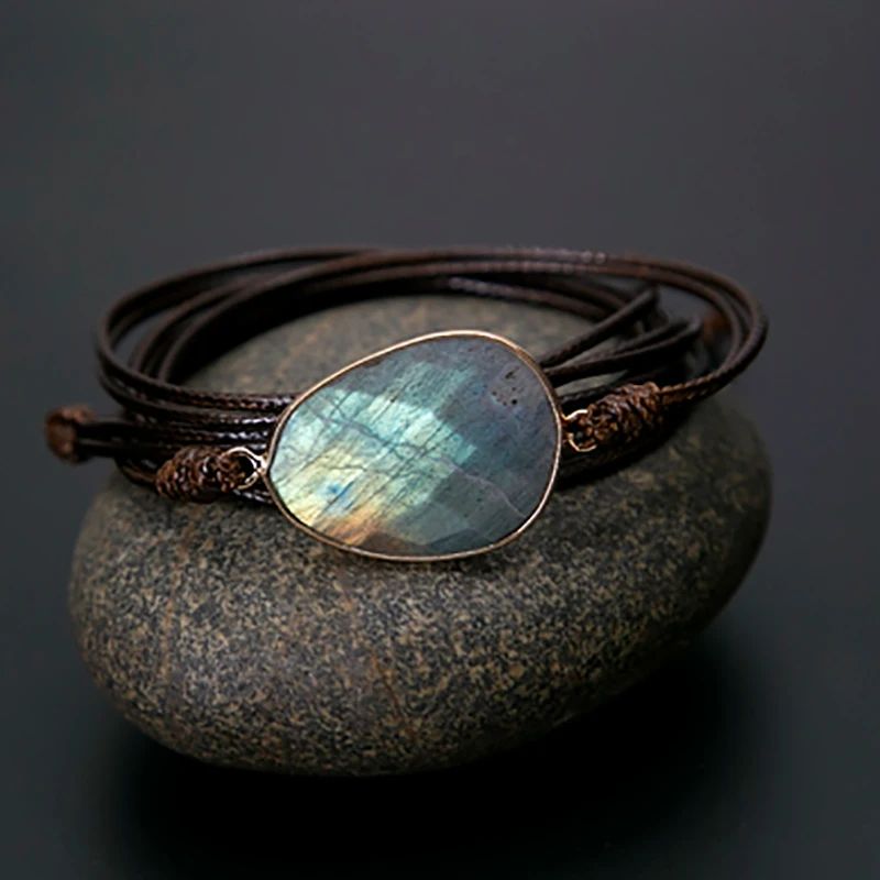 Плетеный браслет с натуральными камнями Лабрадорит Boho уникальный этнический