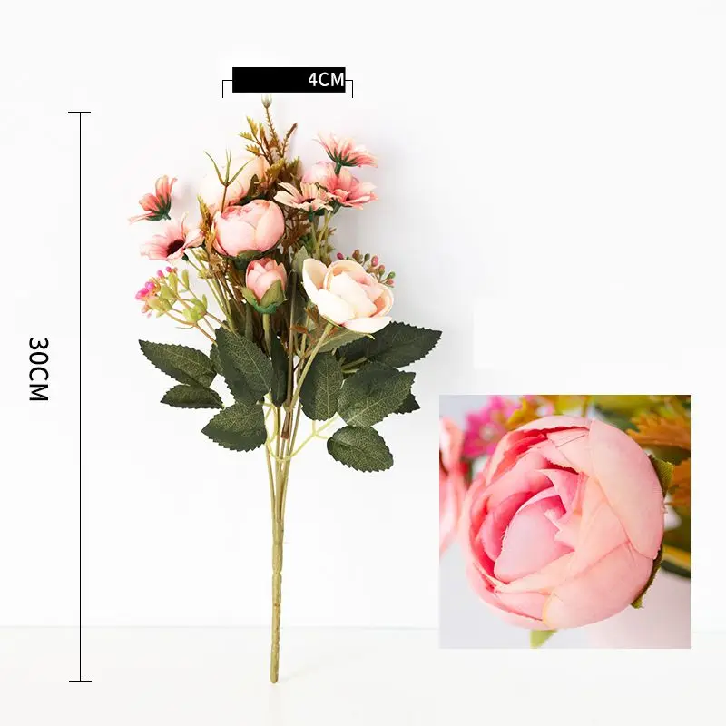 Розовый Fake Tea Rose Silk Flower Fall Gerbera Daisy Artificial Plastic Flower Pearl Bouquet For Wedding DIY Party Home Room Decoration - Цвет: Розовый