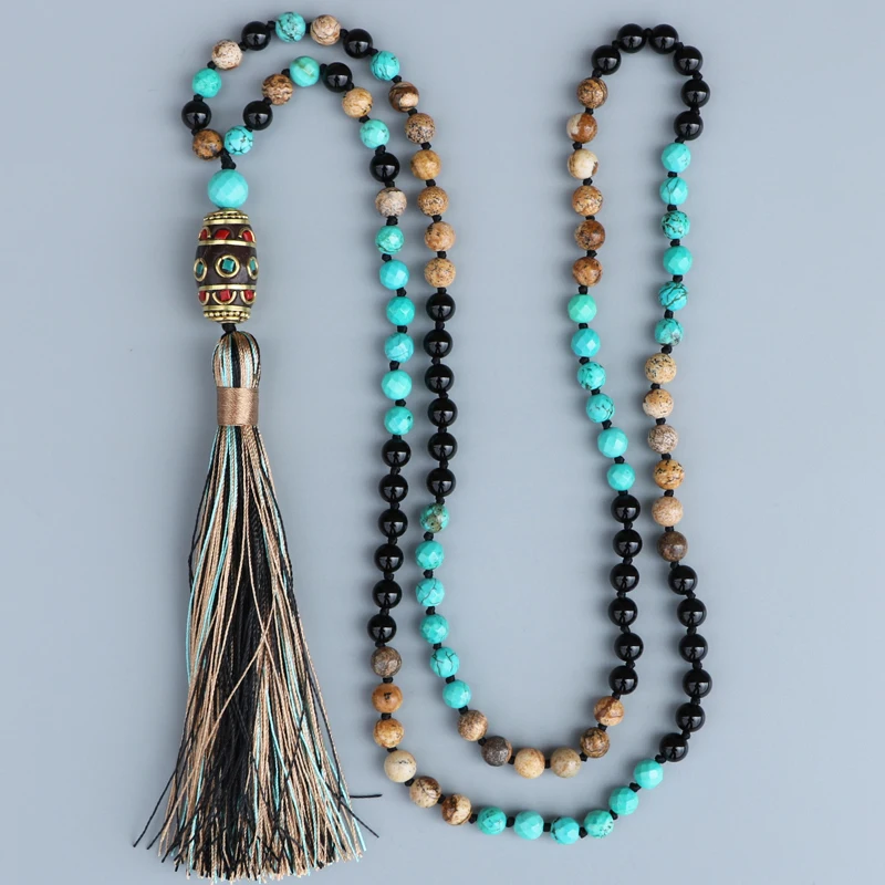 EDOTHALIA New Bead Necklace Women Black Onyx, Picture Stone, Faceted Blue Stone Nepal Pendant Necklace Gift Fashion Jewelry