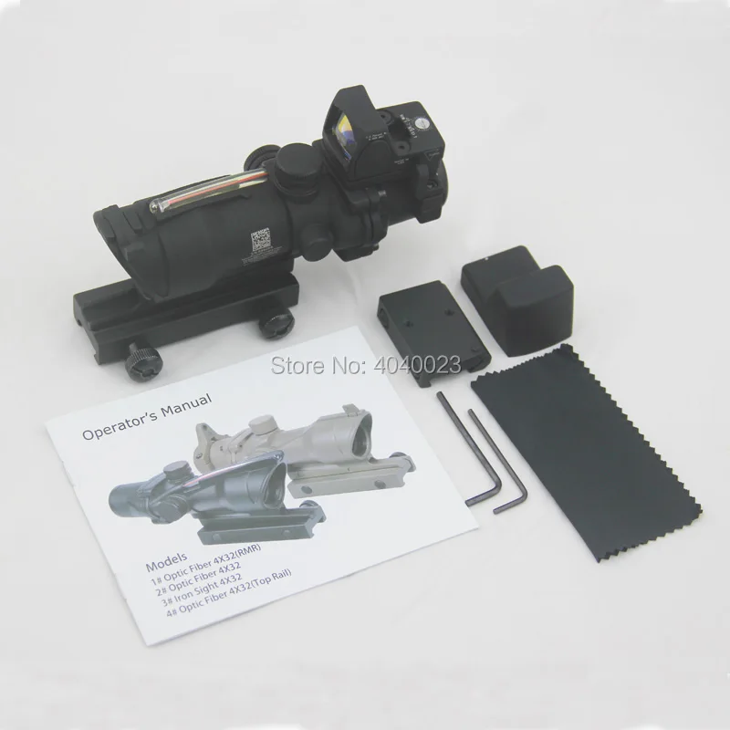 

Tactical ACOG 4X32 Fiber Source Red Optical Fiber Scope Illuminated Rifle Scope With RMR Micro Red Dot Sight Marked Version