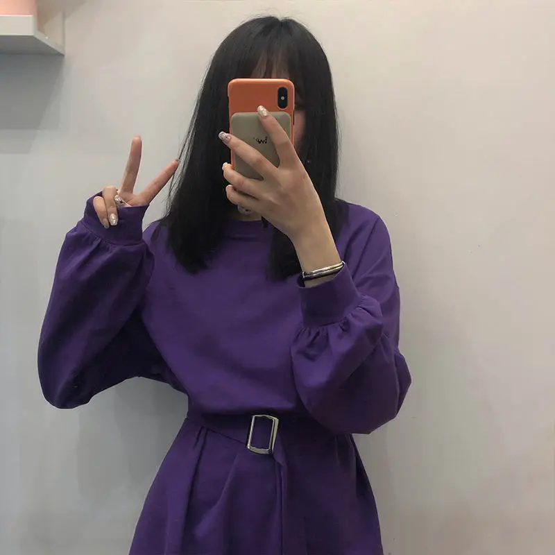 Корейская винтажная Стильная однотонная белая футболка для женщин Harajuku Готическая облегающая черная футболка для женщин топы в стиле хип-хоп Повседневная футболка с длинным рукавом - Цвет: Фиолетовый
