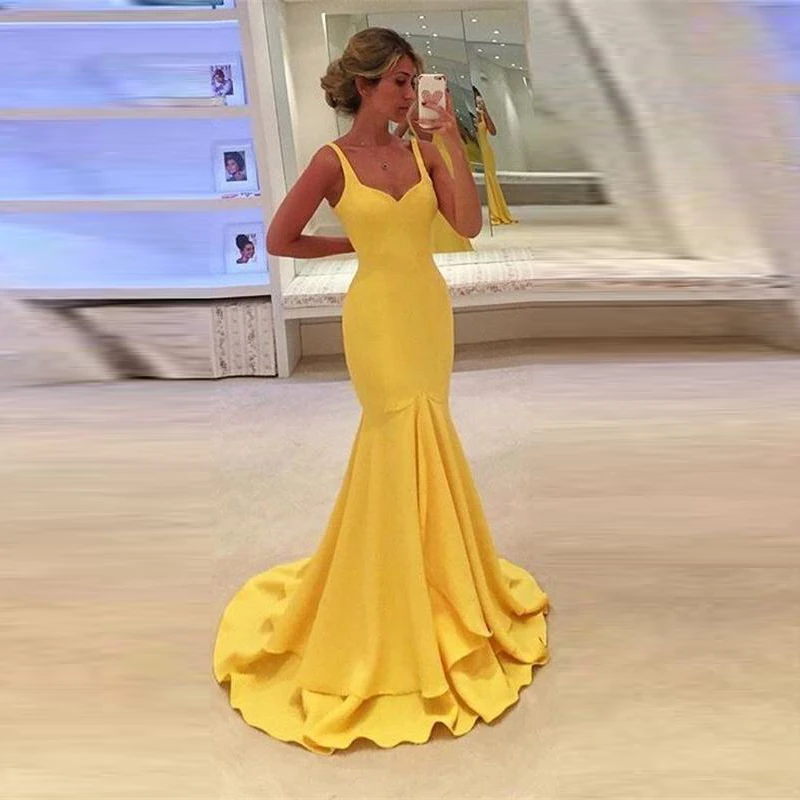 Желтое длинное платье с рисунком русалки индивидуальные vestido de festa без рукавов