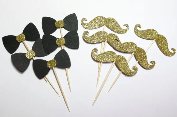 

glitter mustache and bow cupcake toppers Wedding Food treat Picks Bridal shower Bachelorette birthday party decorations