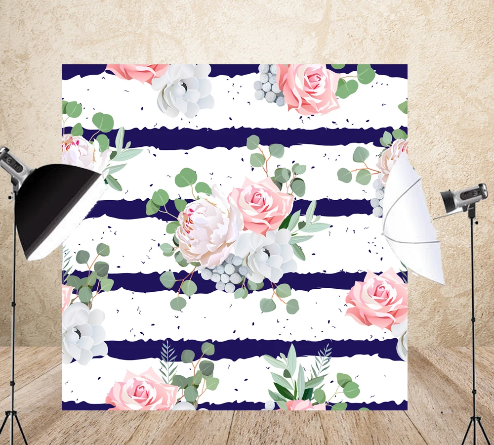 HUAYI Pink Rose Flower Backdrops for Photography Floral Background Blue stripes Baby shower banner Spring party decor LW-1121 |