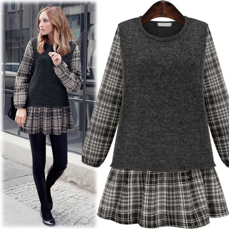 Женское платье с длинными рукавами тонкое клетчатое фальш вставкой большие