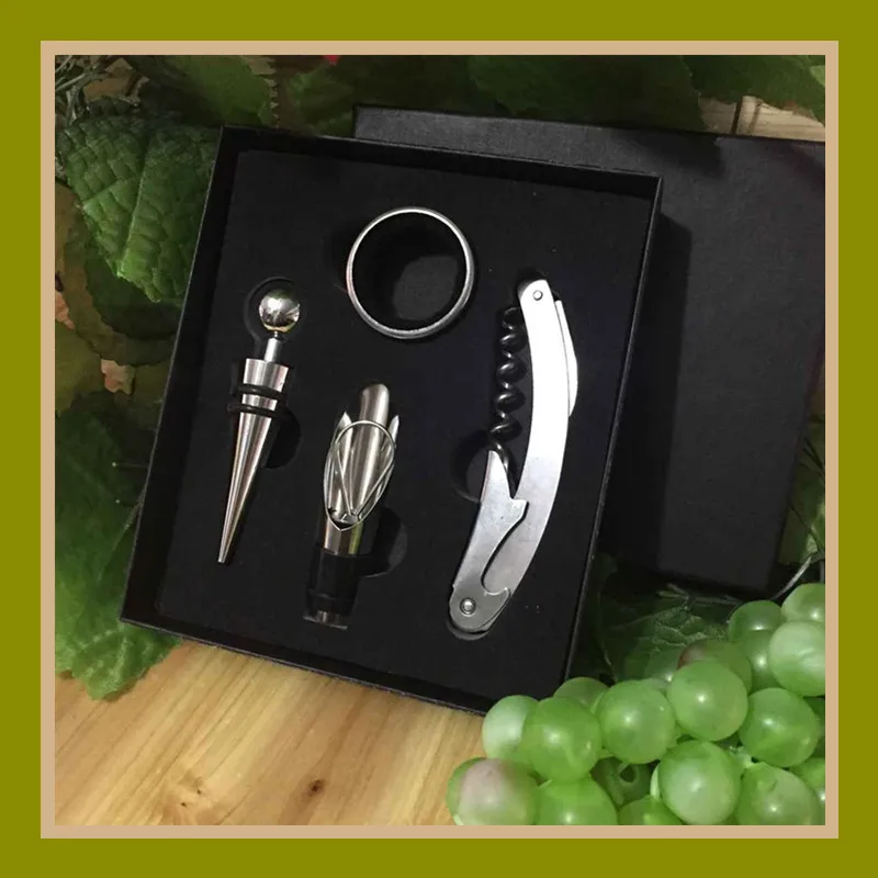 Free shipping Red Wine Bottle Opener 4Pcs In One Set with Black Leather Gift Box Wines Accessory | Дом и сад