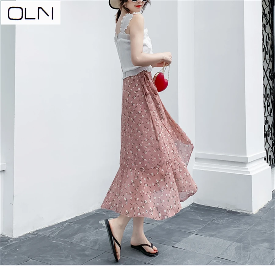 Юбка шифоновая Vestidos OLN Женская цельная кружевная Асимметричная Цветочная юбка