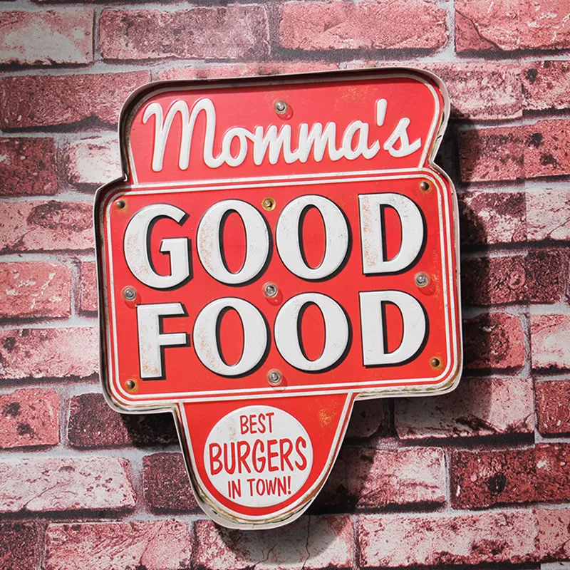 Ретро Momma's хорошая еда светодиодный оловянные вывески гамбургеров пицца