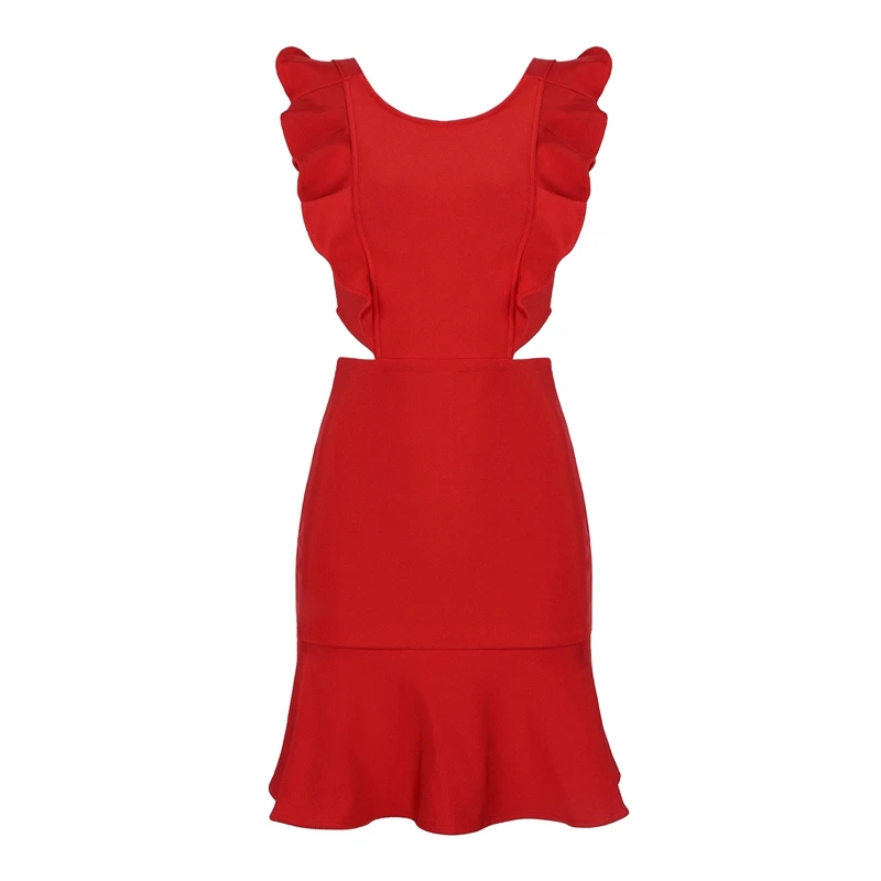 

INDRESSME 2019 New Women Sexy Solid Sleeveless Bandage Dress Ruffles Butterfly Sleeve O-Neck Mini Dress Lady Fashion Party Dress