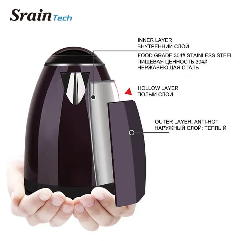 SrainTech 220V 2.0L 304 Электрический чайник из нержавеющей стали для нагрева воды за 5