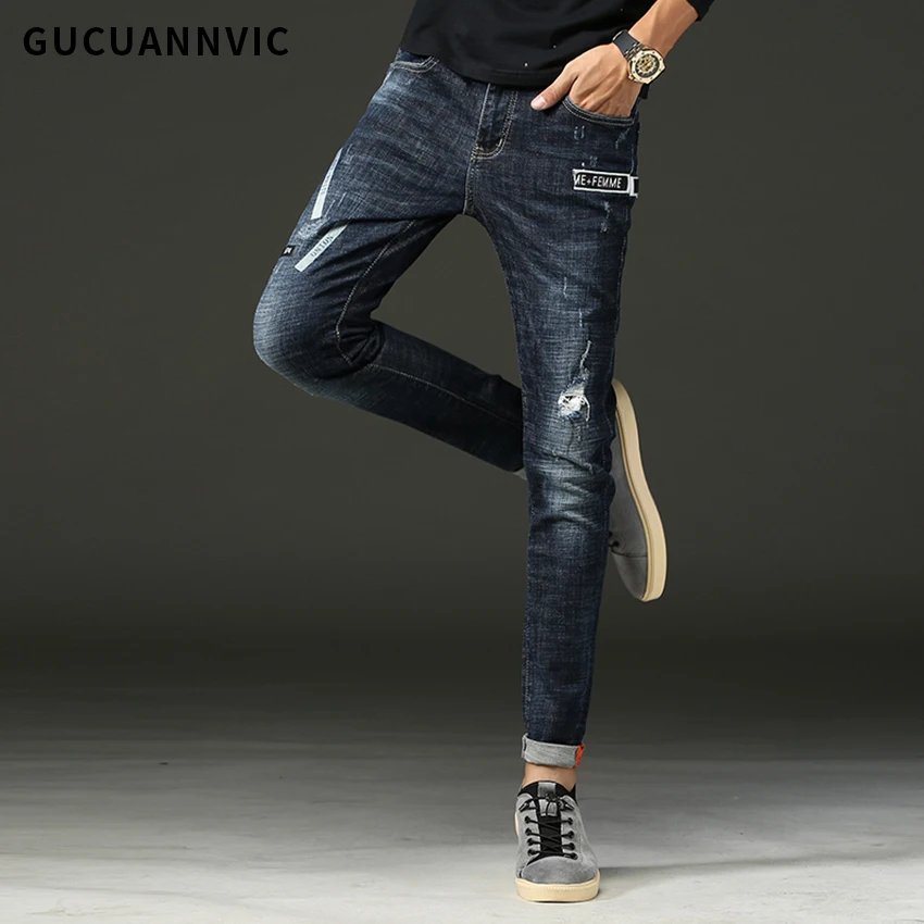 Темно синий Stonewashed модные Повседневные штаны для мужчин личность Ripped Синий