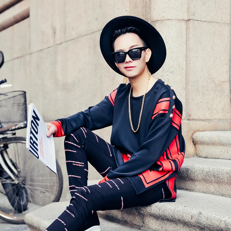 2017 новая мужская Весенняя мода уличный черный красный персональный лоскутный