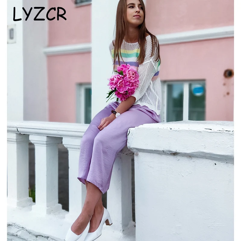 Женские свободные шелковые брюки Lyzcr летние широкие с высокой талией и