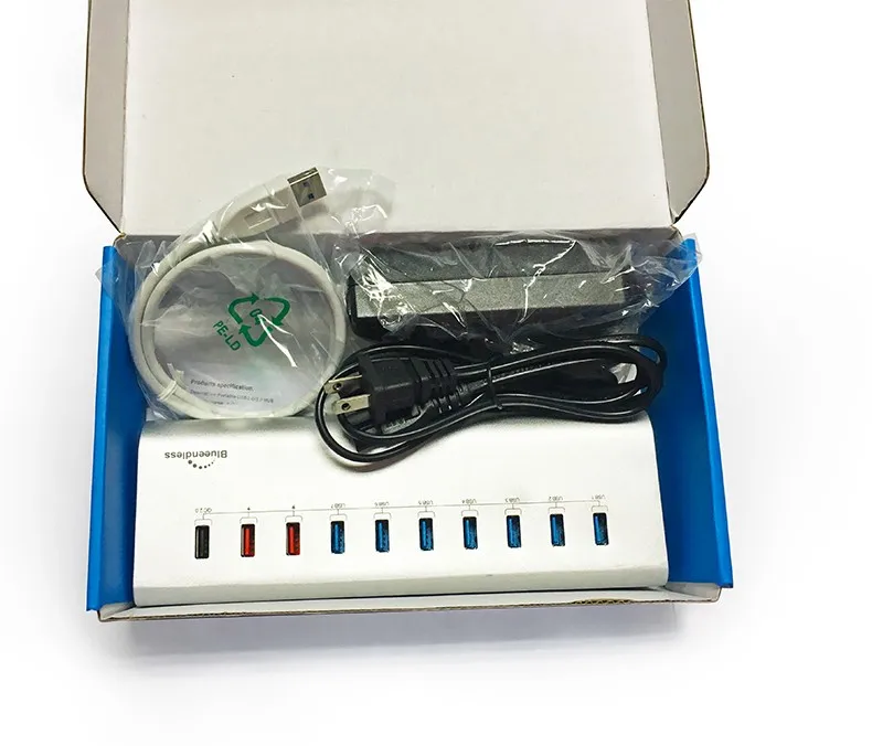Алюминий 10 портов (7 * USB3.0 + 2*1 в 1A 1 QC2.0) USB Суперскоростной концентратор