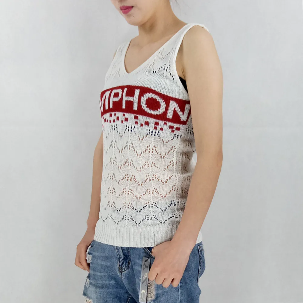

Summer Knitted Cotton Hollow Out Women Tank Tops Sleeveless Fitness Letter Print Casual Vest White Black Red Female Halter Top