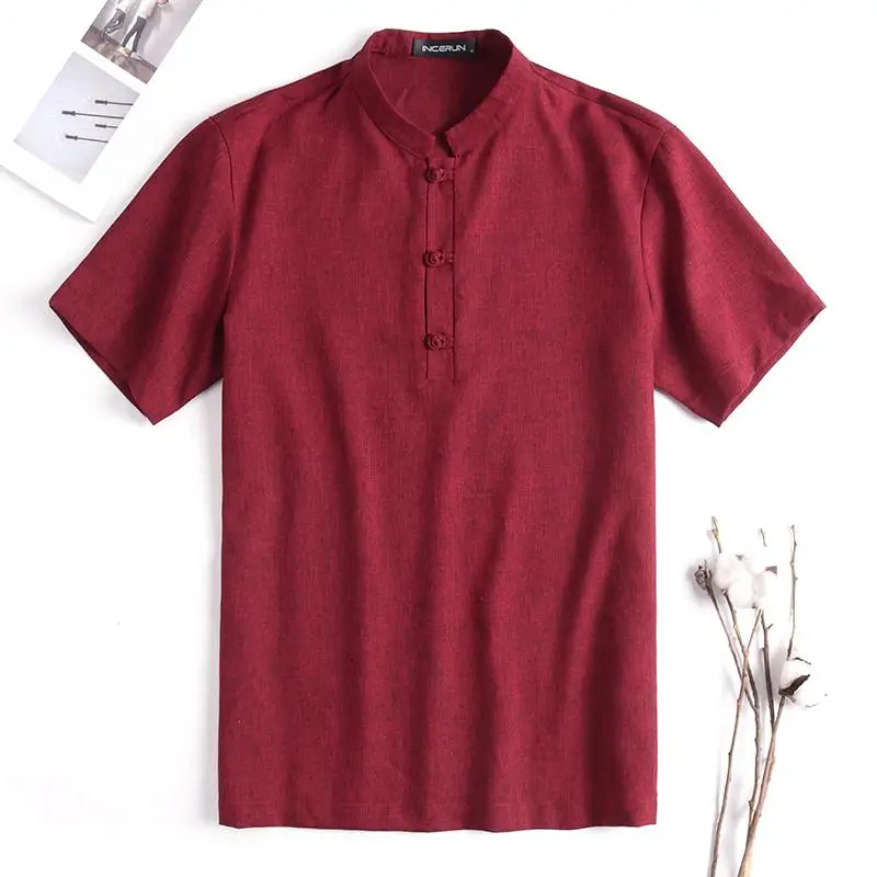 Wine Red Shirt Social Tee, этническая туника, мужские топы, мужская рубашка, китайская мужская рубашка, платье со стоячим воротником, Camisa, Повседневная рубашка для отдыха - Цвет: Wine Red Shirt