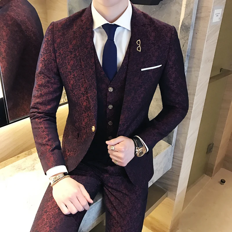 Смокинг Пейсли 3 шт жаккардовый костюм 3XLLuxury винно-красный Mariage Homme мужские