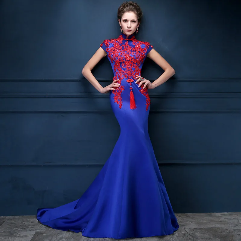 Королевский Синий Атлас со шлейфом долго Cheongsam платья Стенд воротник вышивка Qipao