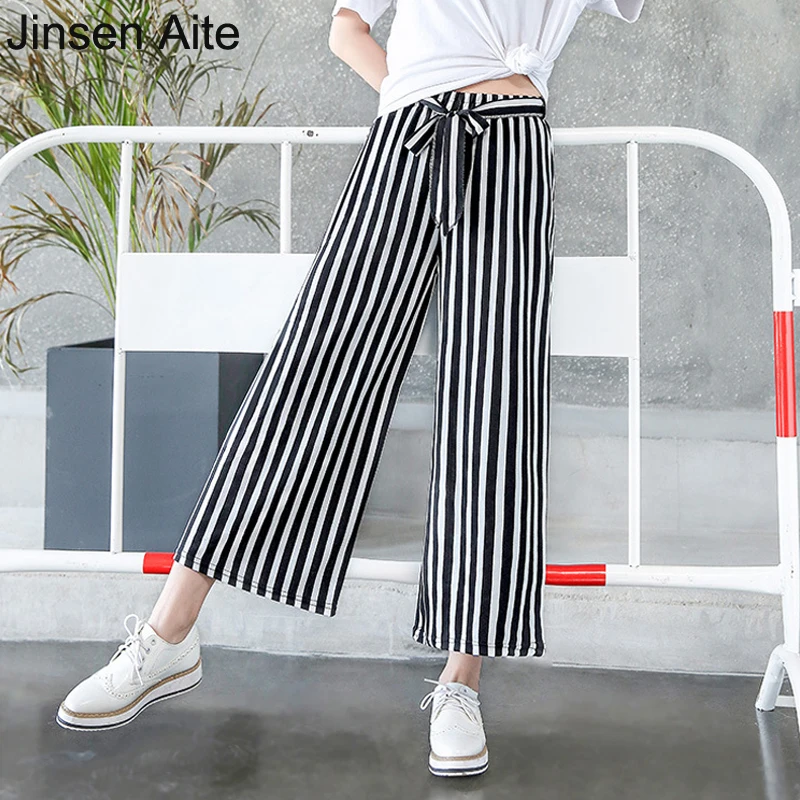 

Jinsen Aite Plus Size 3XL Chiffon Wide Leg Pants Women Fashion Summer Striped Sashes High Waist Trousers Femme Pantalon JS606