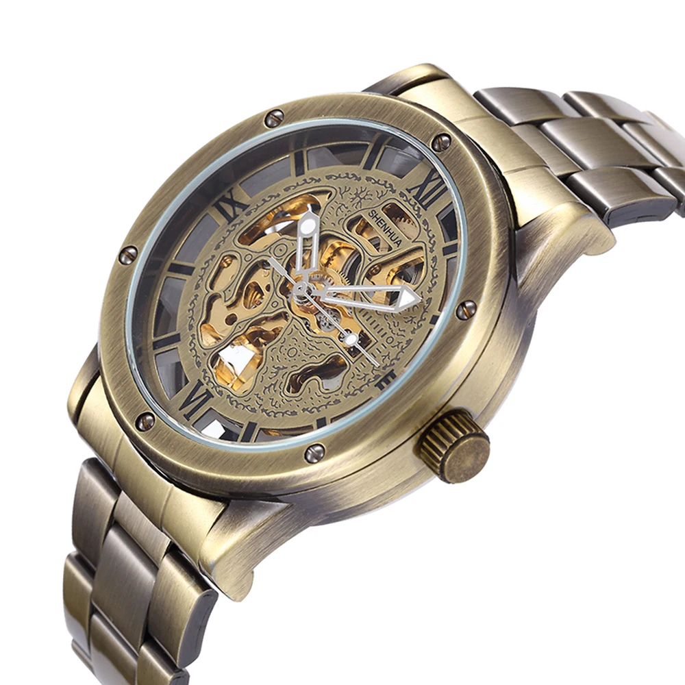 

SHENHUA Brand Antique Mens Automatic Mechanical Watches Skeleton Stainless Steel Band Wristwatch Male Clock Relogio Masculino