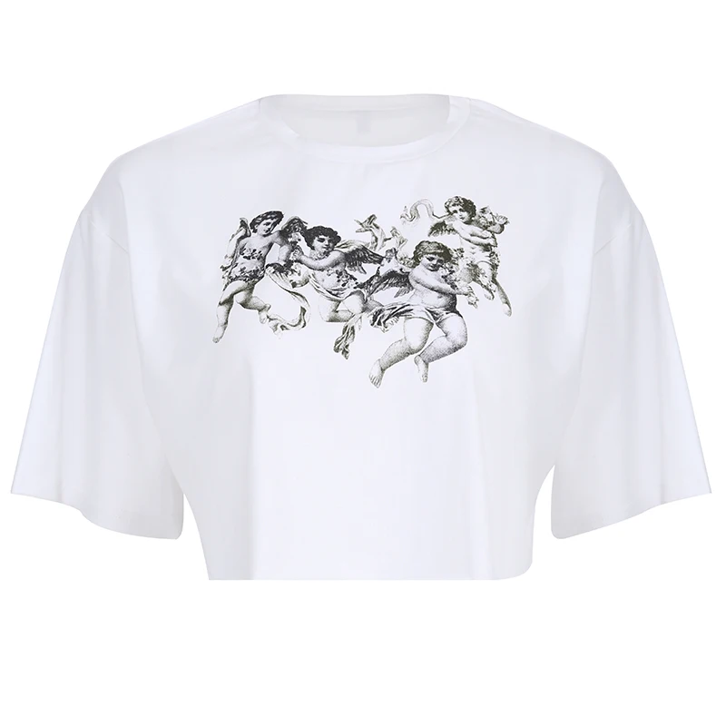 Harajuku Angel Print Белая укороченная Футболка женские свободные топы с коротким рукавом