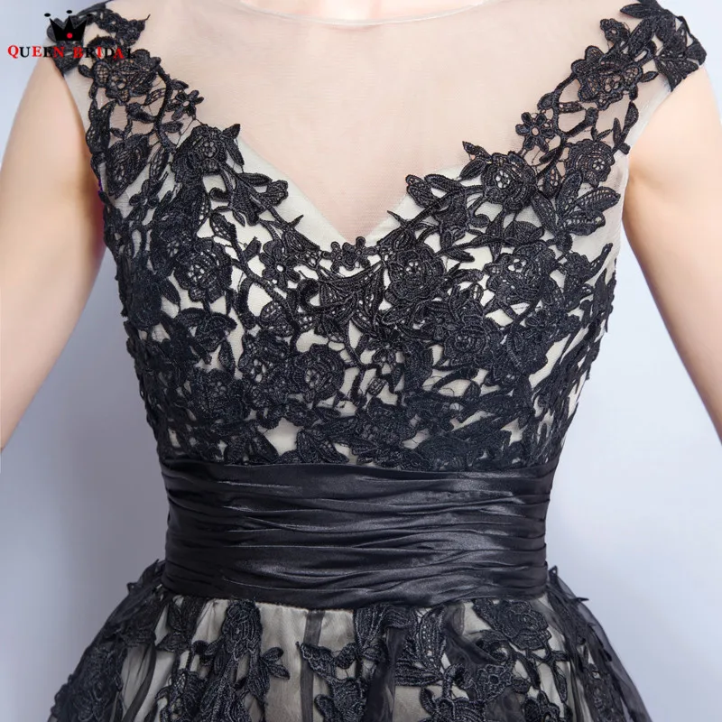 Черное платье для вечеринки Tea Length A-line V-neck Lace Tulle Short Black Elegant Evening Dresses Prom Party Dress Gowns Robe De Soiree NT46.