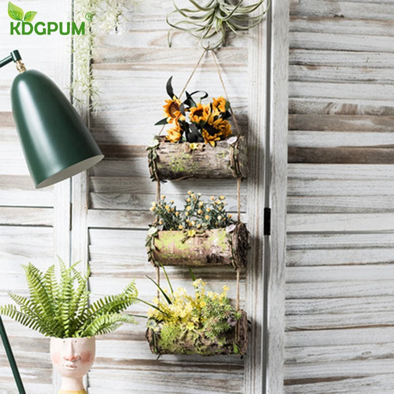 Household Wall Hanging Flower Pot Natural Bark Flower Pot Handmade Hemp Rope Bow Vertical Flower Pot Creative Wall Decoration