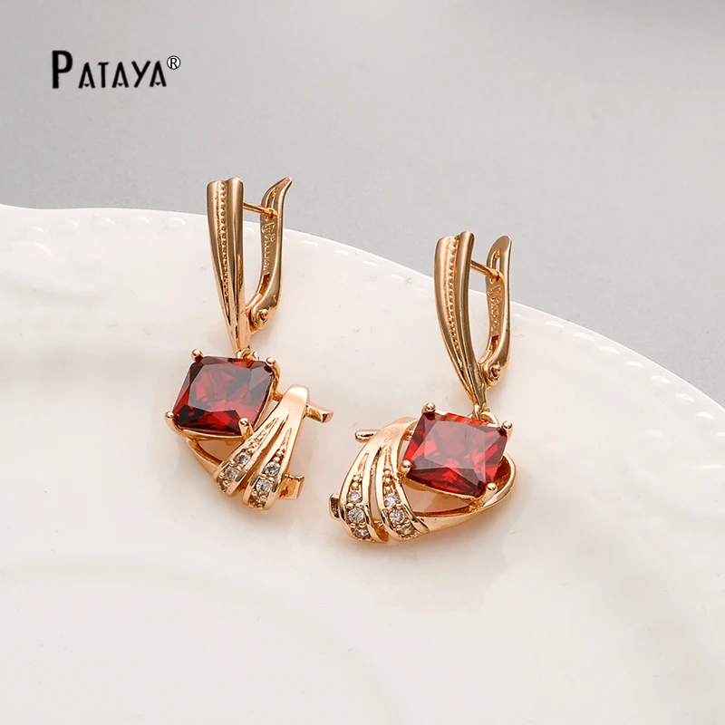 PATAYA 585, длинные серьги из розового золота AB, цветной натуральный кубический цирконий, ювелирные изделия, женские роскошные фиолетовые серьги с квадратной подвеской