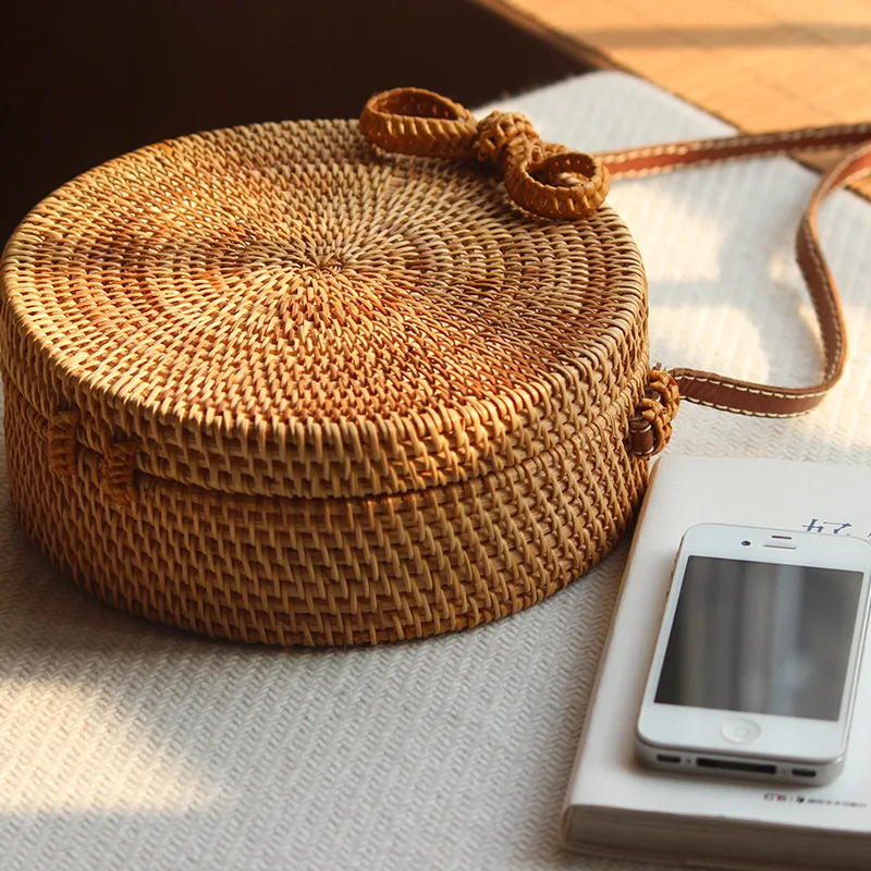 Круглые кожаные сумочки из ротанга с Бали соломенные сумки через плечо для