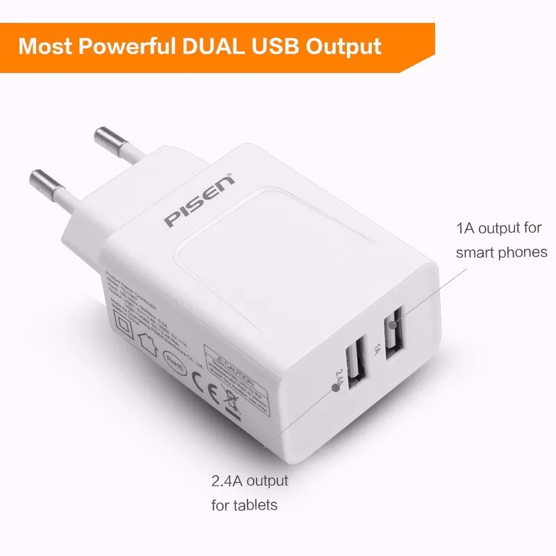 PISEN Dual USB Быстрое Зарядное Устройство Мощность 5 В 2.4A Путешествия Удобный ЕС подключите Белый Мини Телефон Сетевой Адаптер для iPhone 6 Samsung Tablet