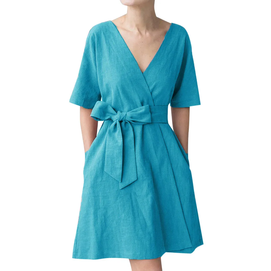 JAYCOSIN Women's Fashion Summer Classic Dresses With Sashes Short Sleeve V Neck Mini Pockets Vestidos dropshipping | Женская одежда
