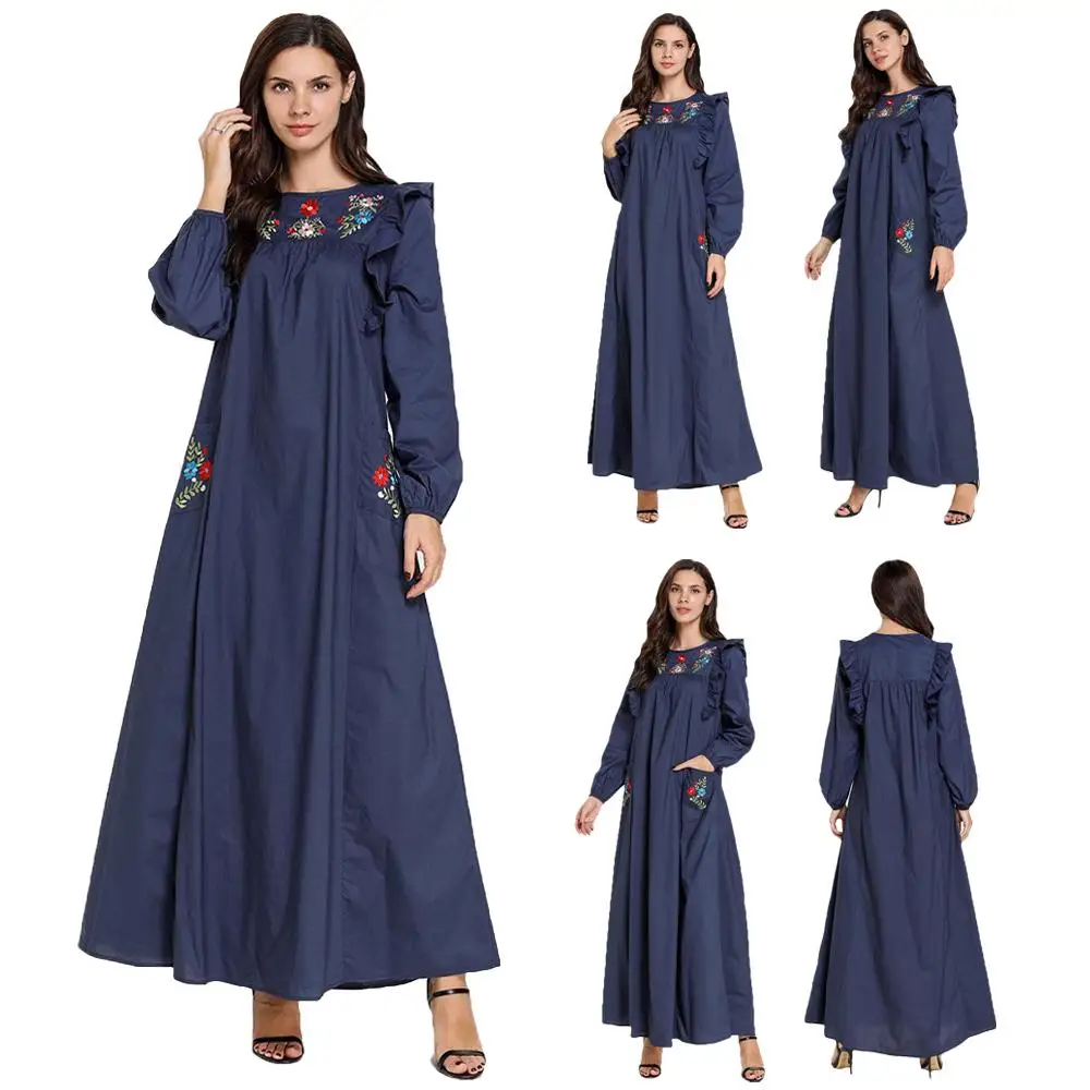 Модное Длинное Платье макси с вышивкой для мусульманских женщин абайя оборками