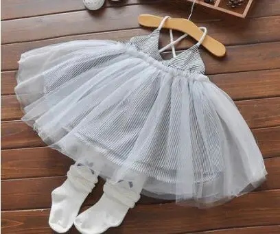 

Kids Girls Dresses Grey Tulle Striped Suspender Sleeveless Ruched Back-off Dress Girls Clothes