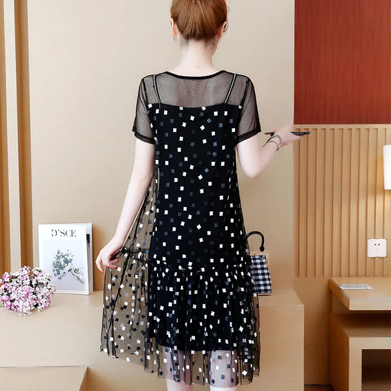 Summer printing women's clothing Sexy mesh stitching dresses Elegant slim plus size dress female 2019 | Женская одежда