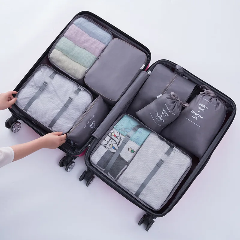 

8pcs/set Portable Waterproof Travel Clothes Storage Bags Packing Cube Travel Luggage Organizer Pouch Storage Bags Gray Blue Pink