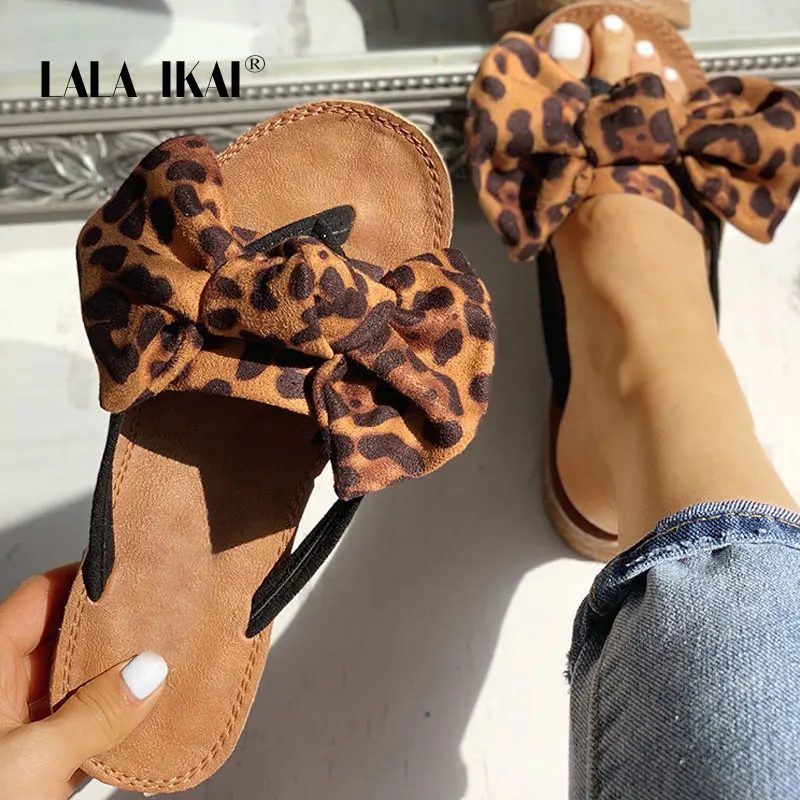 LALA IKAI женские шлепанцы летние леопардовые с бантом пляжные повседневная обувь на