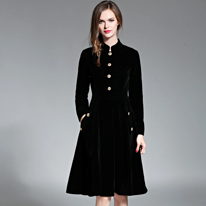 Черный Vintage Dress Женщины Элегантный Тонкий Бархат с Длинными Рукавами Платье Ol Office