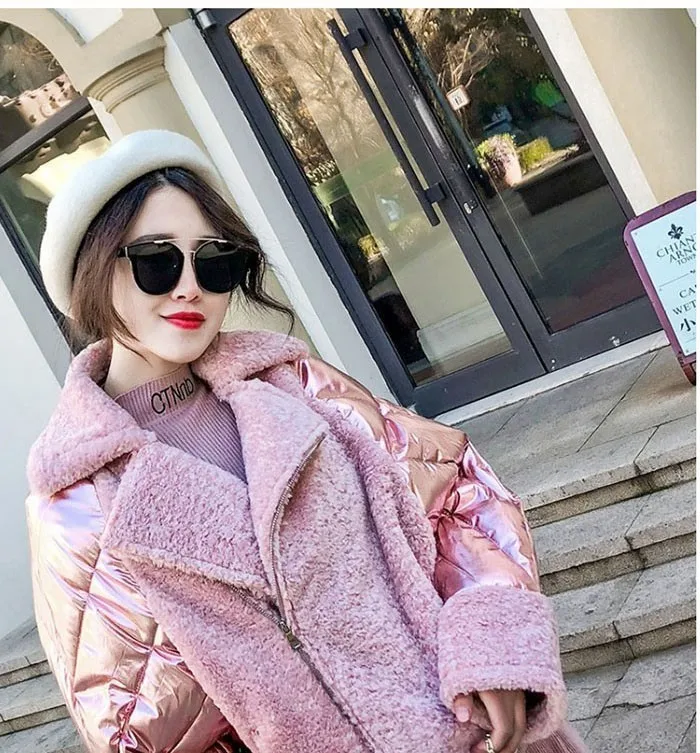 ZURICHOUSE Winter Down Jacket Women's Glossy Cotton Padded Coats Female Loose Short Pink Silver Patchwork Suede Parkas