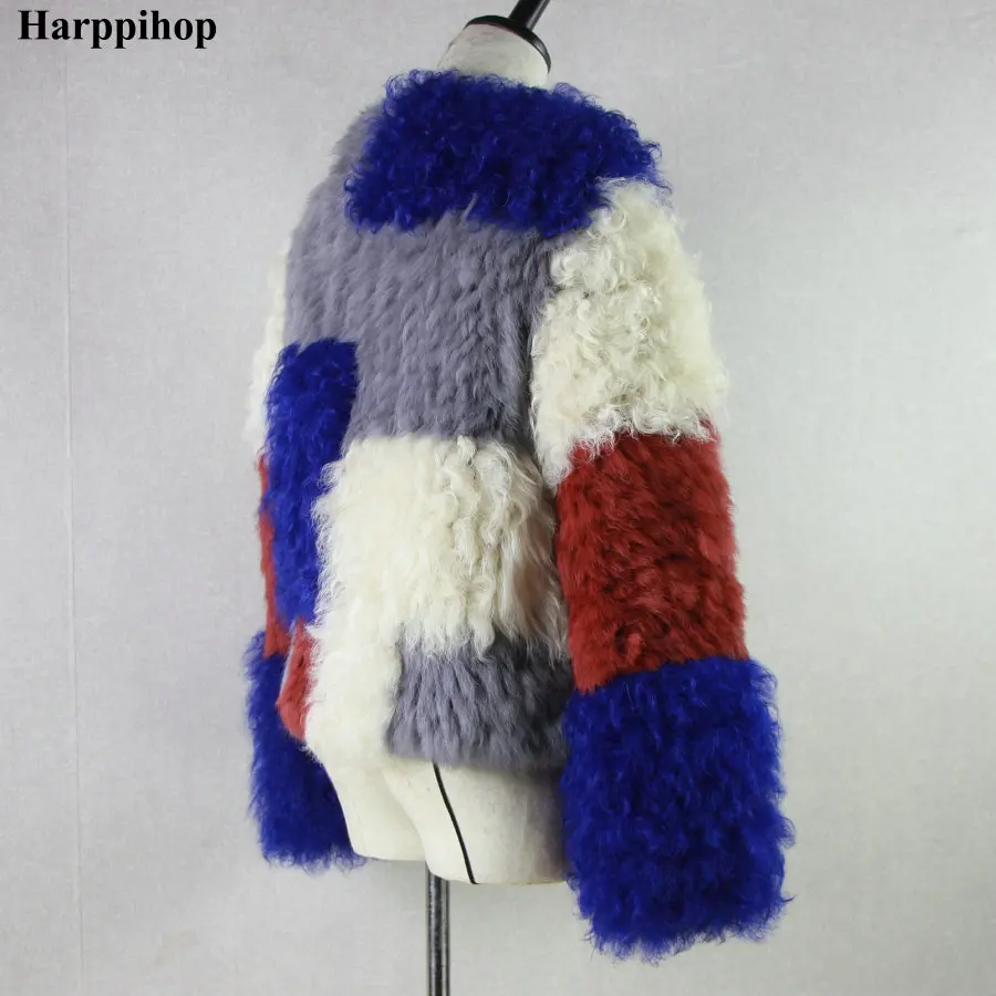 HARPPIHOP * Design кроличья меховая монгольская овчина комбинированная вязаная зимняя